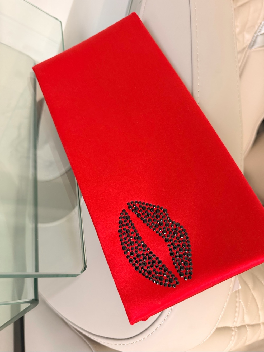 BCBGMaxAzria Red Satin Clutch with Black Crystal Lip Detail
